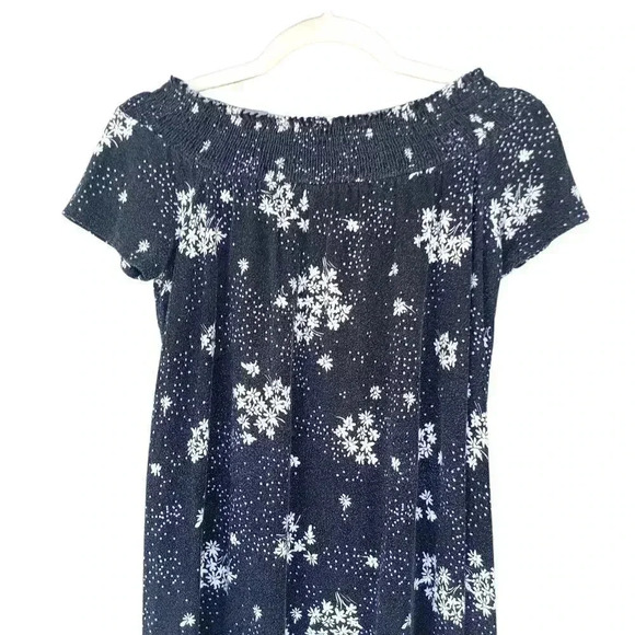SO black floral print knit smocked off the shoulder flowy swing mini dress sm - Picture 2 of 7